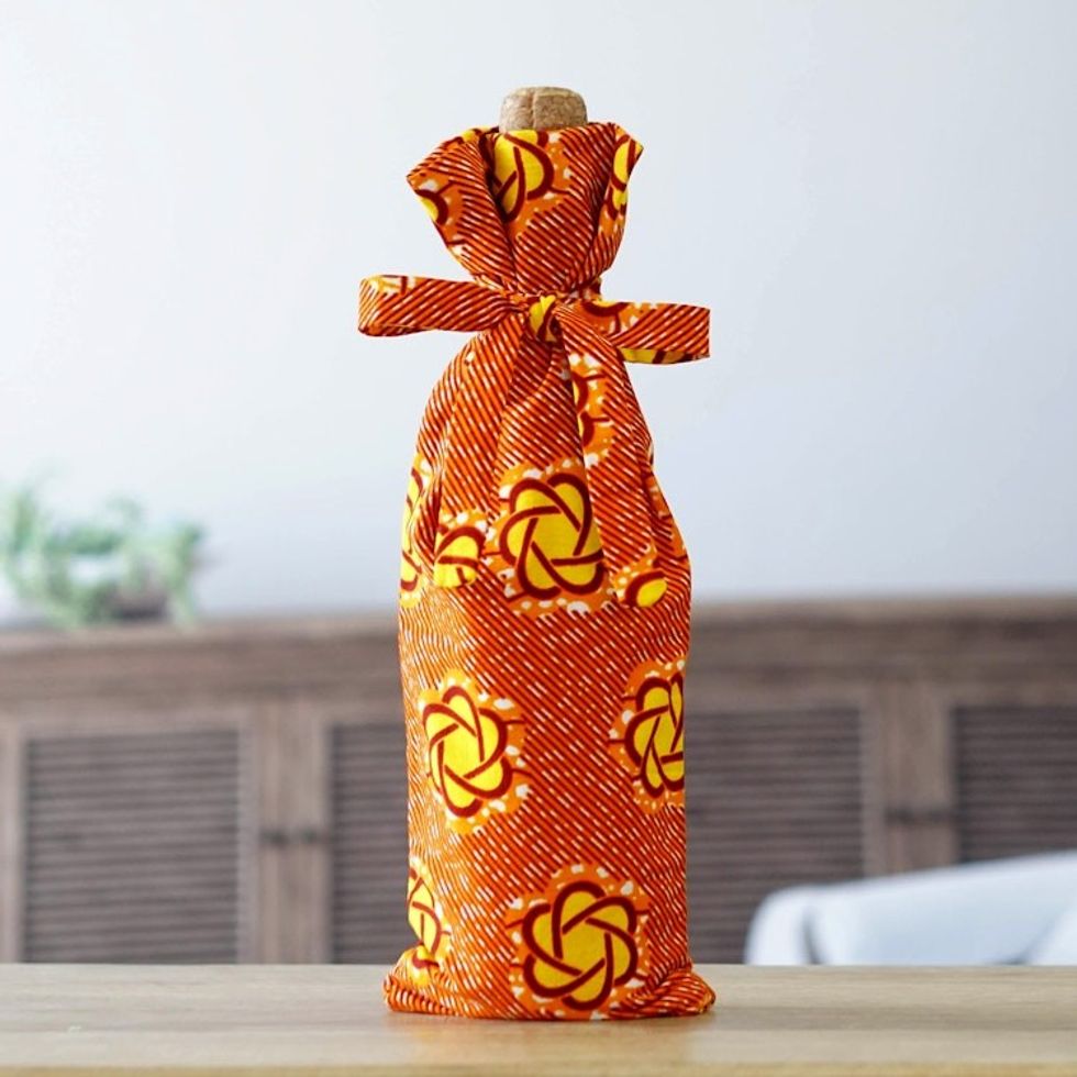 Handcrafted Cotton Wine Bottle Cover in Orange and Yellow 'Happy Toast'