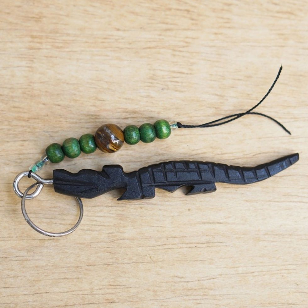 Handcrafted Ebony Wood Crocodile Key Chain from Ghana 'Reptile Amulet'