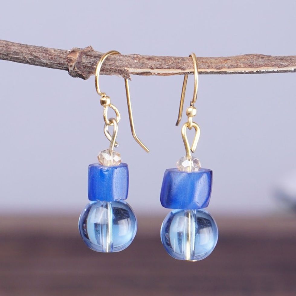 Eco-Friendly Blue Recycled Glass Beaded Dangle Earrings 'Adiagba in Blue'