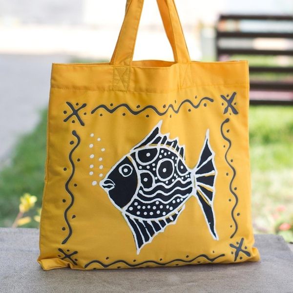 Alternate image for Yellow Cotton Fish-Motif Tote Bag Blowing Bubbles in Yellow