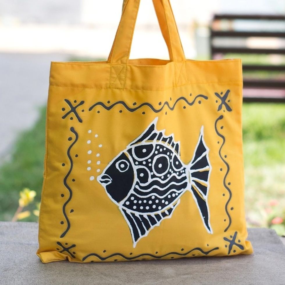 Yellow Cotton Fish-Motif Tote Bag 'Blowing Bubbles in Yellow'