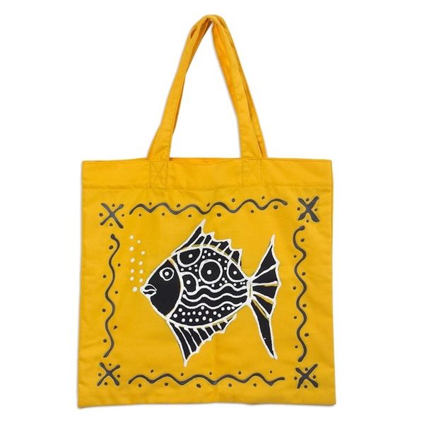 Alternate image for Yellow Cotton Fish-Motif Tote Bag Blowing Bubbles in Yellow