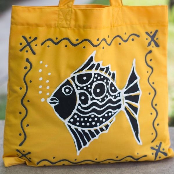 Alternate image for Yellow Cotton Fish-Motif Tote Bag Blowing Bubbles in Yellow
