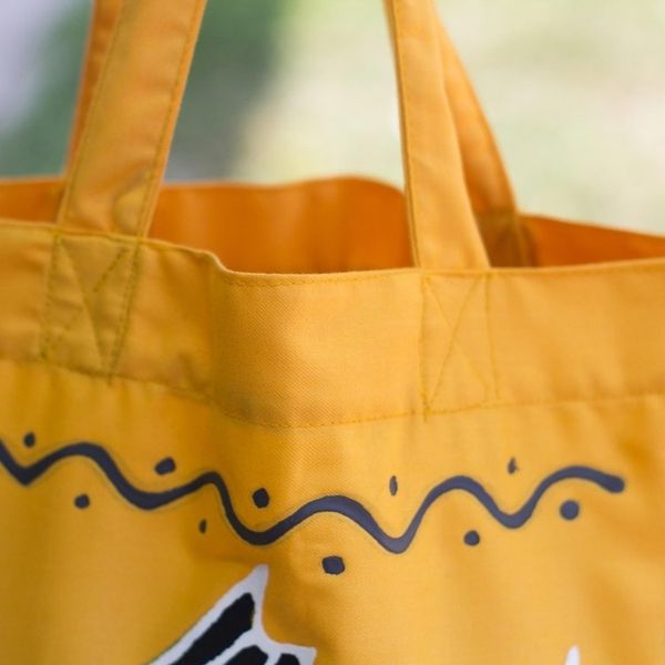 Alternate image for Yellow Cotton Fish-Motif Tote Bag Blowing Bubbles in Yellow