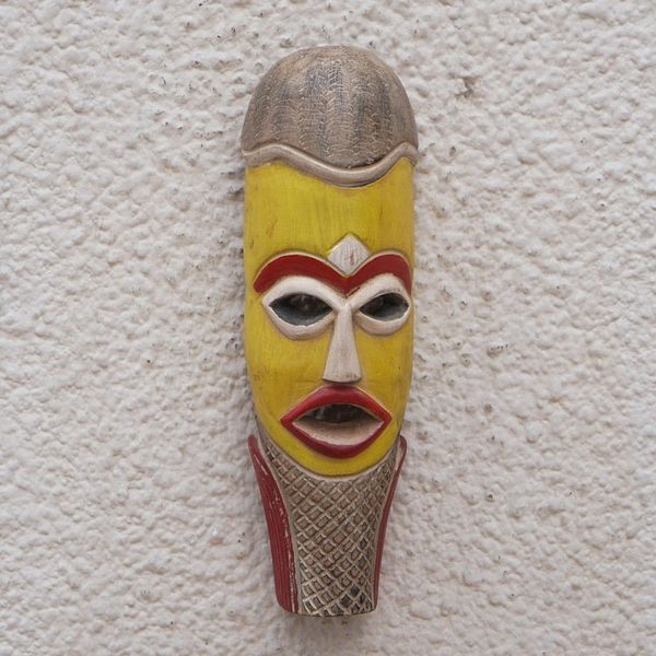 Alternate image for Handcrafted Yellow and Red African Sese Wood Mask Tikro