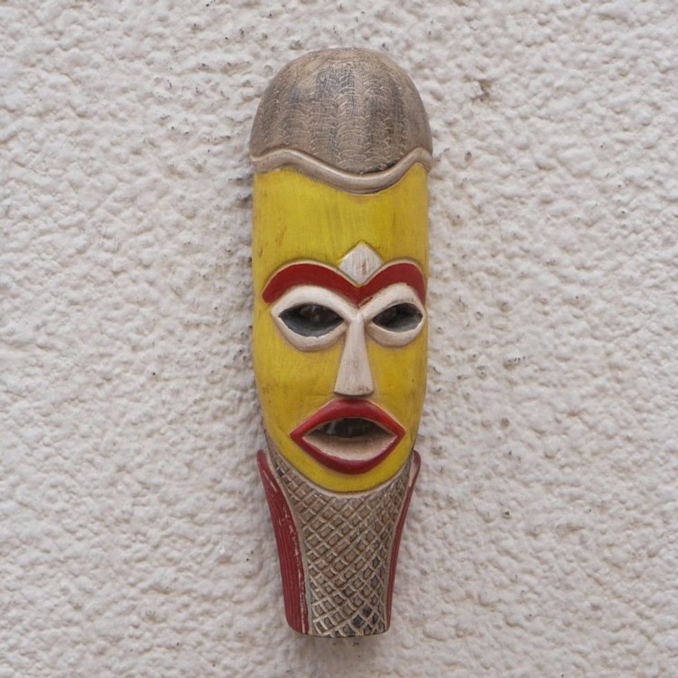 Handcrafted Yellow and Red African Sese Wood Mask 'Tikro'