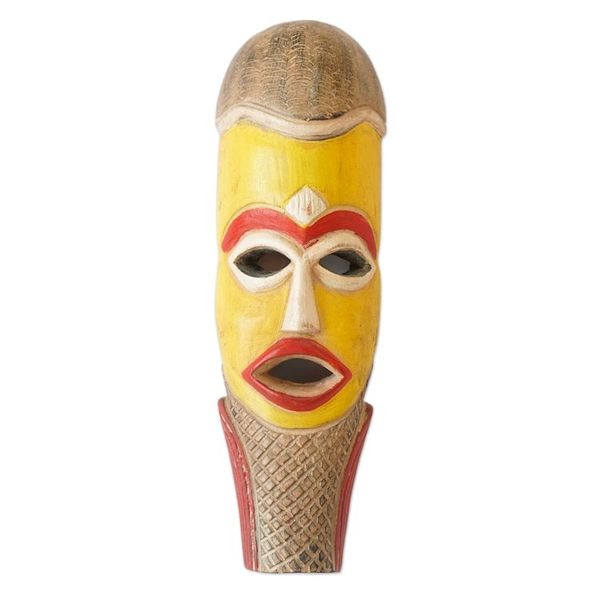 Alternate image for Handcrafted Yellow and Red African Sese Wood Mask Tikro