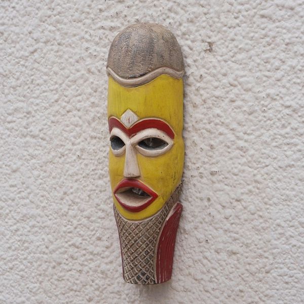 Alternate image for Handcrafted Yellow and Red African Sese Wood Mask Tikro