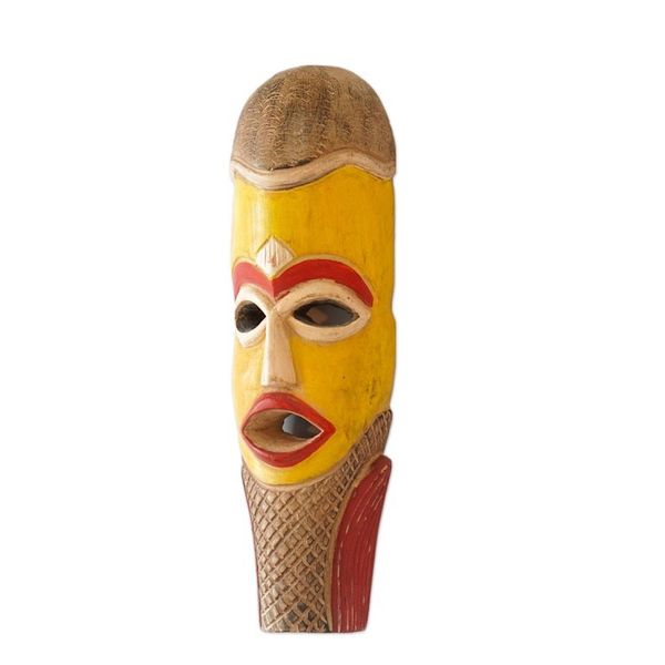 Alternate image for Handcrafted Yellow and Red African Sese Wood Mask Tikro