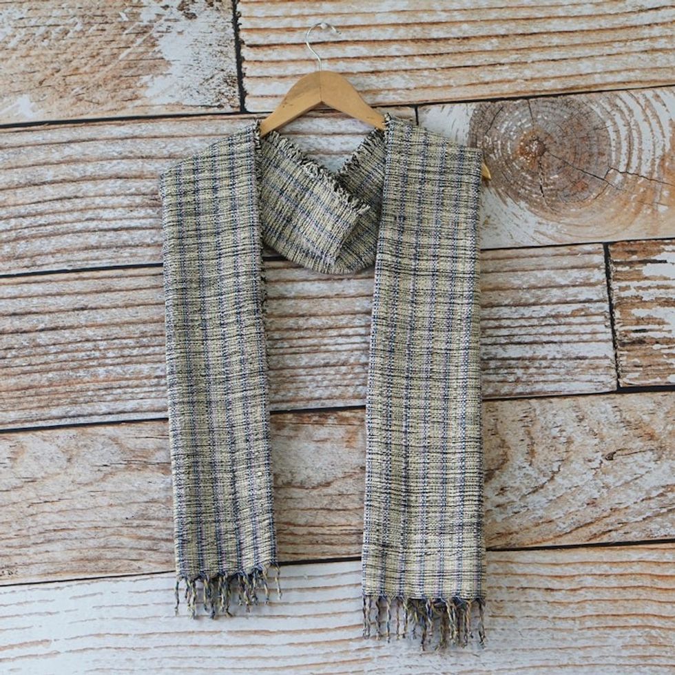 Striped and Fringed Cotton Blend Scarf Hand-Woven in Ghana 'Nyaniba V'