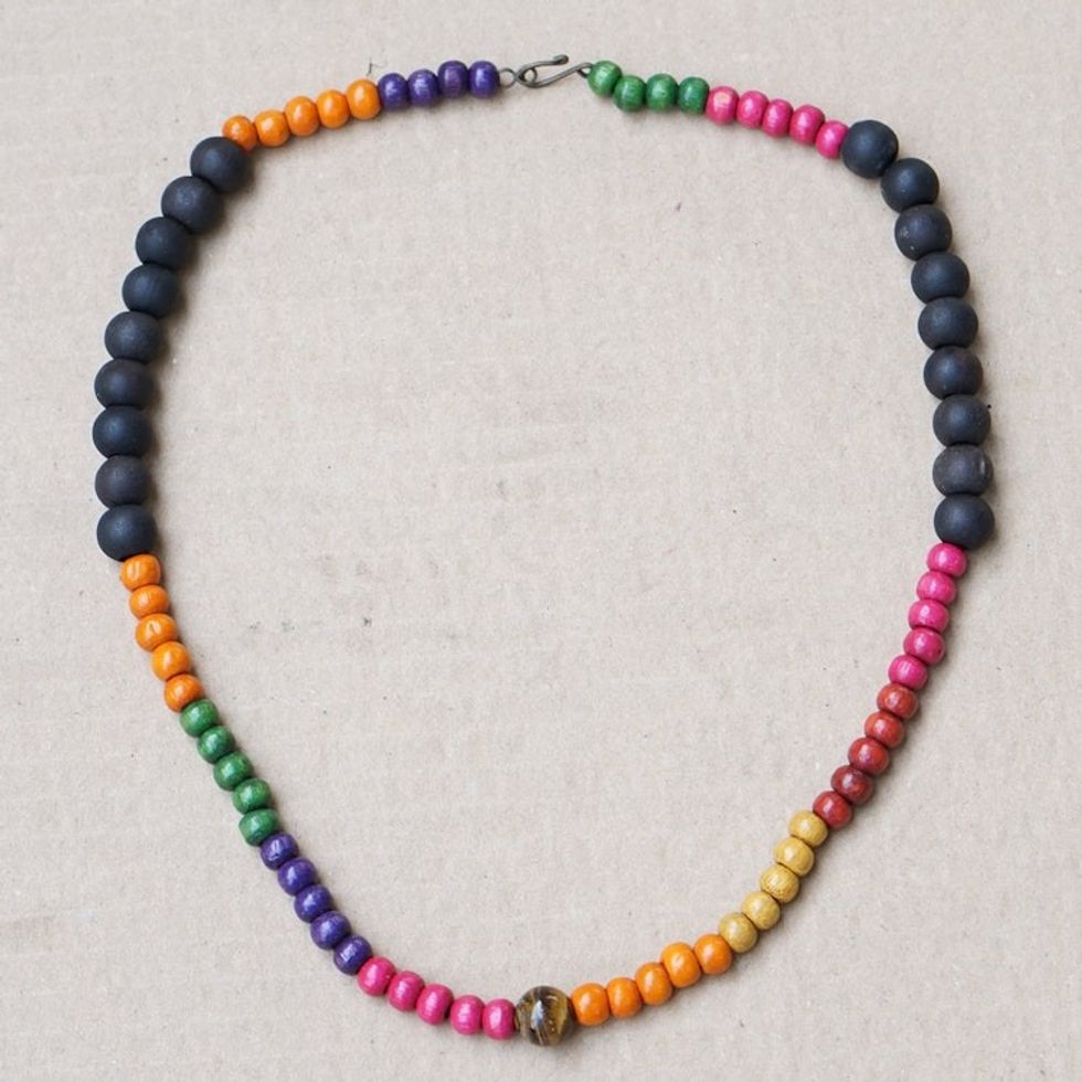 Multicolor Sese Wood Beaded Necklace with Tiger's Eye Stone 'Courage Festival'