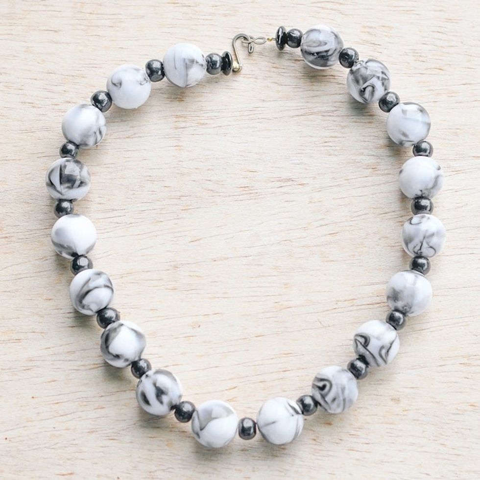 Sese Wood and Recycled Plastic Beaded Necklace from Ghana 'Sophisticated Forest'