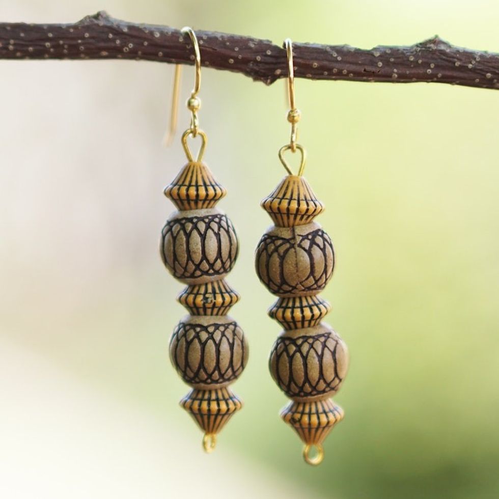 Recycled Plastic Beaded Dangle Earrings in a Warm Palette 'Palatial Ghana'
