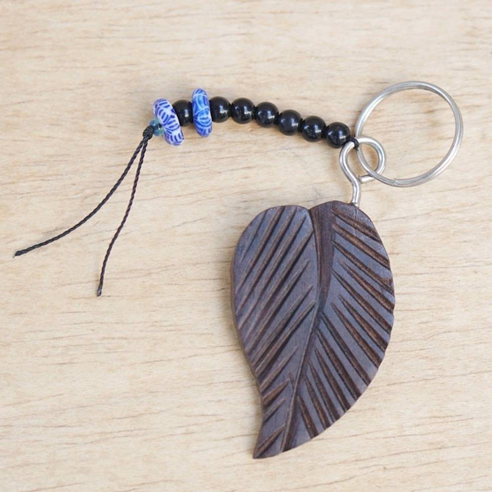 Handmade Ebony Leaf Keychain with Recycled Glass Beads 'Cute Leaf'