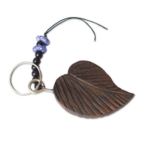 Alternate image for Handmade Ebony Leaf Keychain with Recycled Glass Beads Cute Leaf