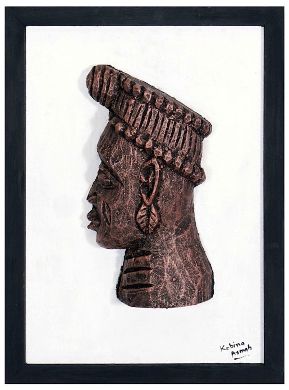 Ceramic and Wood Relief Wall Art of Nigerian Ife Head 'Bronze Head from Ife'