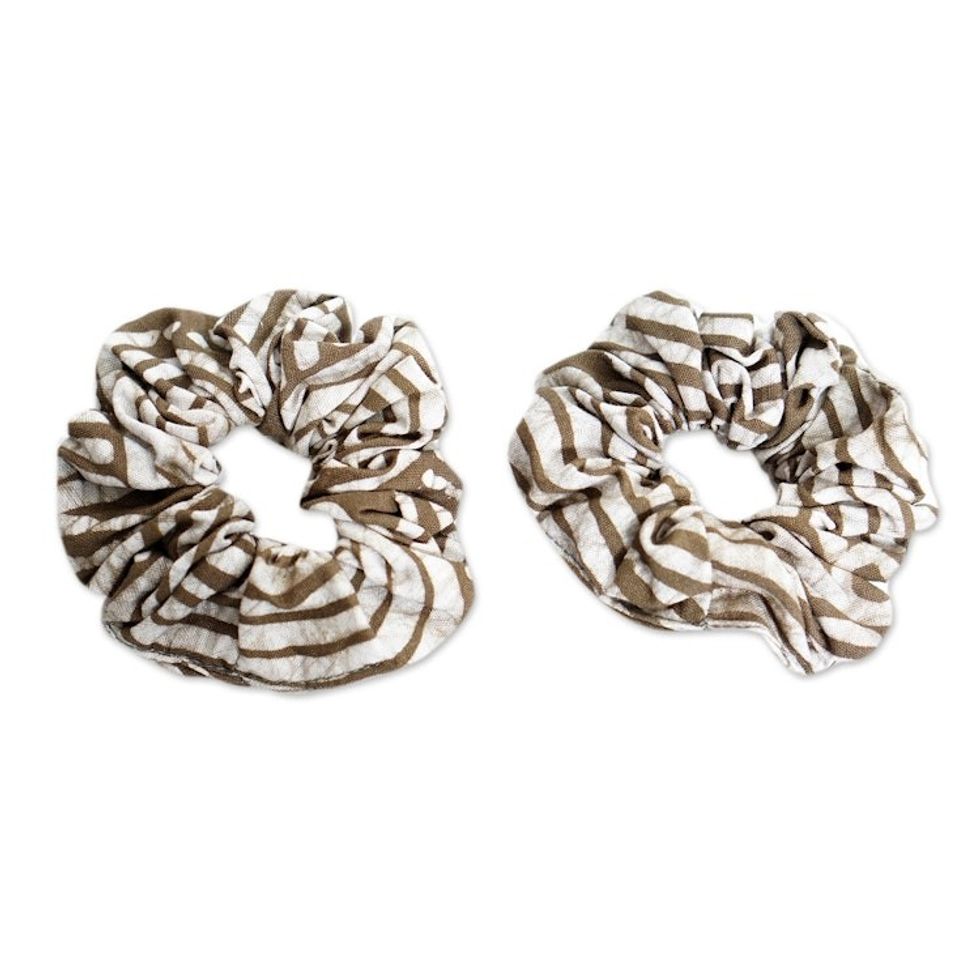 Pair of Green and White Patterned Cotton Scrunchies 'Thankful Olive'