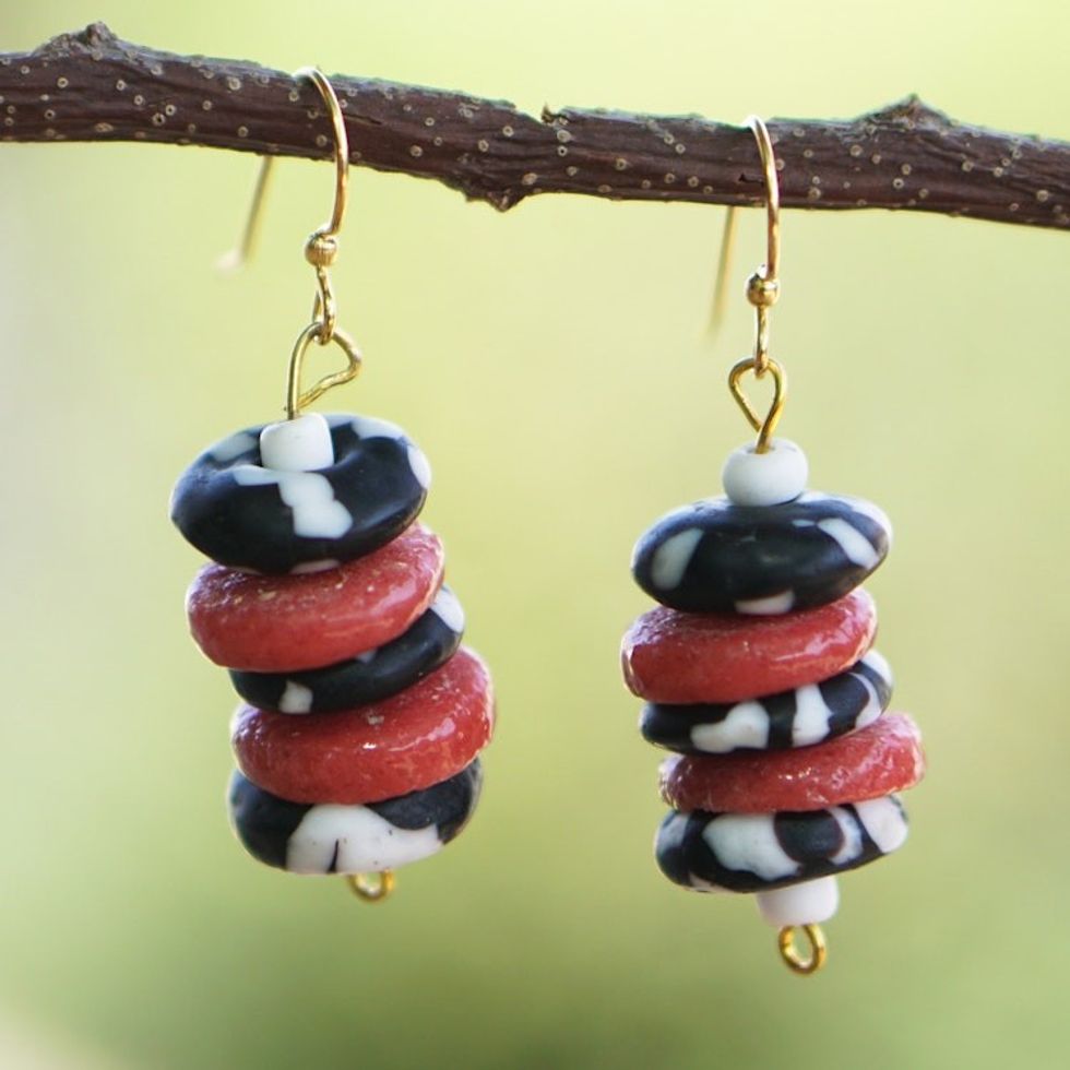 Eco-Friendly Glass Beaded Dangle Earrings in Red and Black 'Kekele'