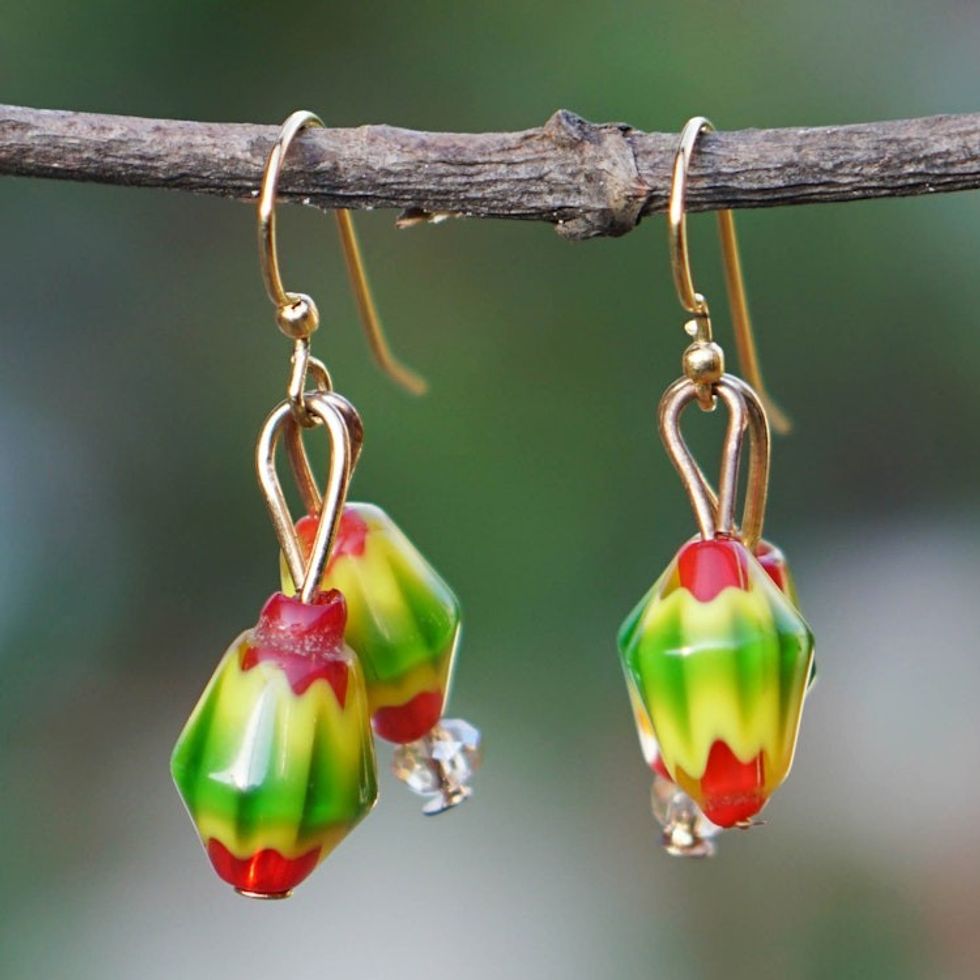 Red and Green Recycled Glass Beaded Dangle Earrings 'Tropical Sweet'
