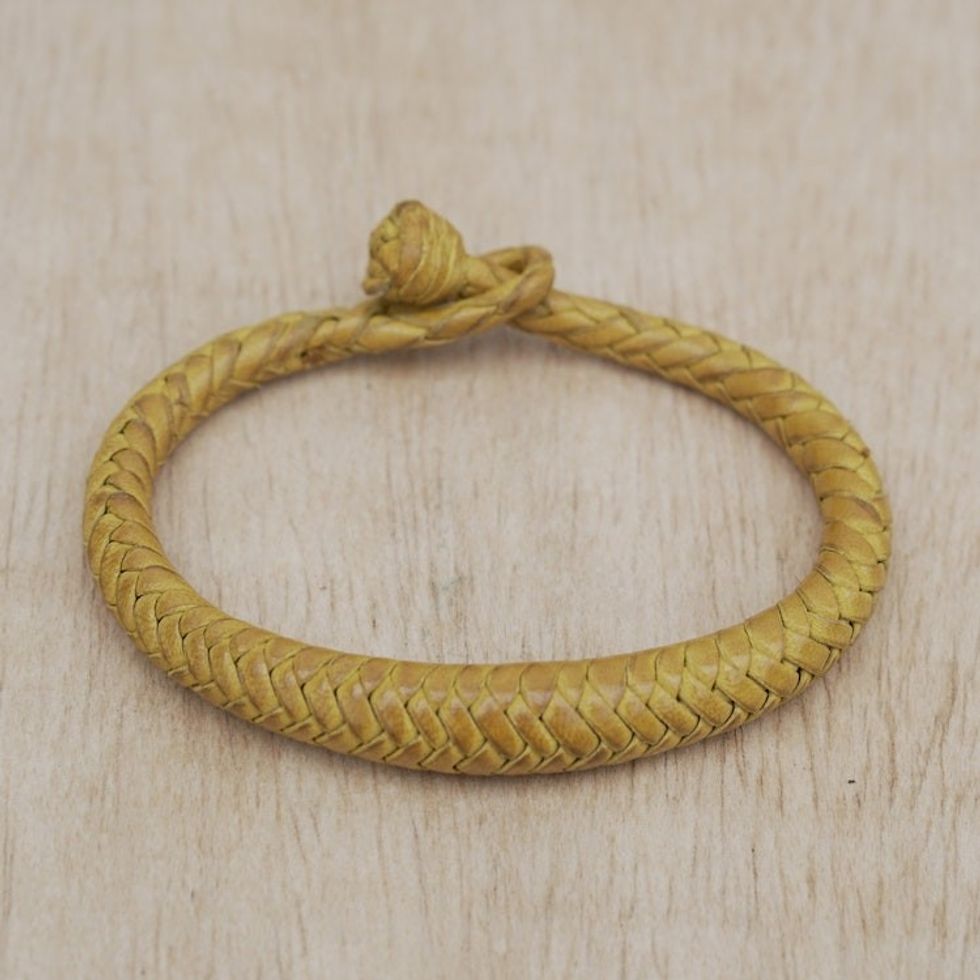 Handcrafted Braided Leather Bracelet in Yellow 'Yellow Grace'