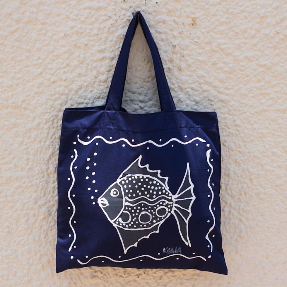 Dark Blue Cotton Fish-Motif Tote Bag 'Blowing Bubbles in Blue'