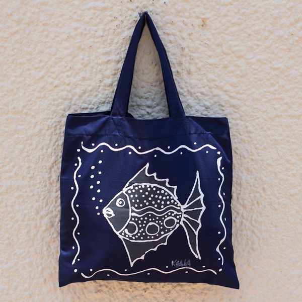 Alternate image for Dark Blue Cotton Fish-Motif Tote Bag Blowing Bubbles in Blue