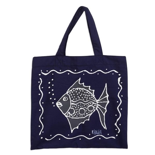 Alternate image for Dark Blue Cotton Fish-Motif Tote Bag Blowing Bubbles in Blue