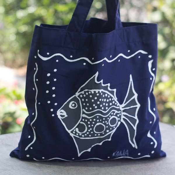 Alternate image for Dark Blue Cotton Fish-Motif Tote Bag Blowing Bubbles in Blue
