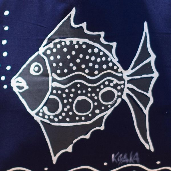 Alternate image for Dark Blue Cotton Fish-Motif Tote Bag Blowing Bubbles in Blue