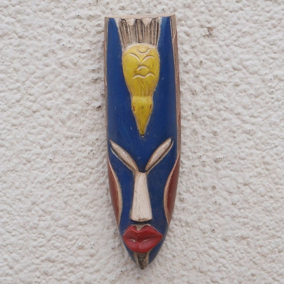Hand-Painted Yellow and Blue African Mask with Bird Detail 'Tutu Ni Ba'