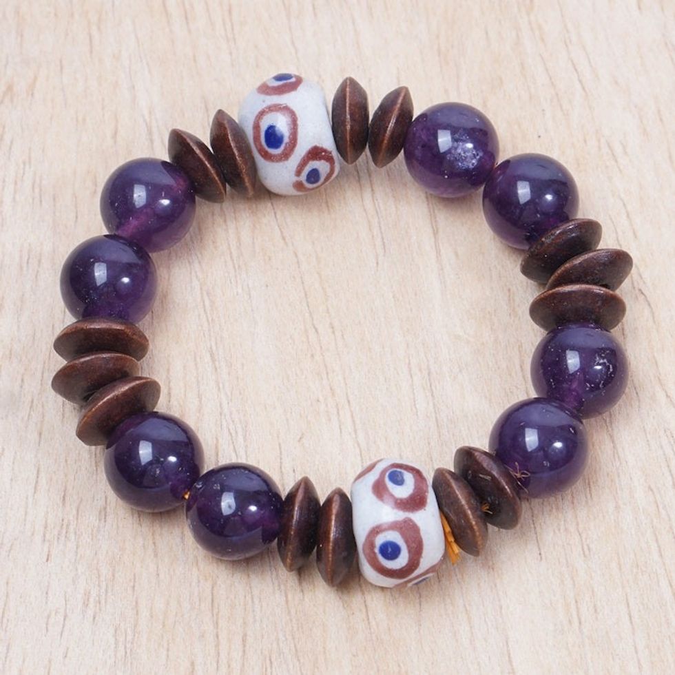 Agate and Recycled Glass Beaded Stretch Bracelet in Purple 'Purple Mind'