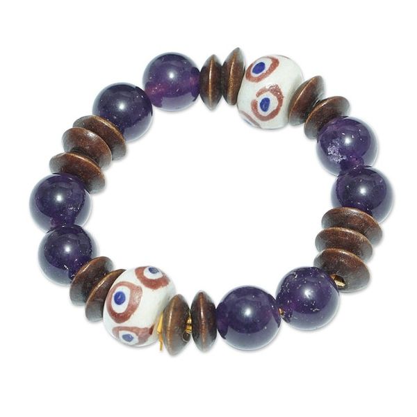 Alternate image for Agate and Recycled Glass Beaded Stretch Bracelet in Purple Purple Mind