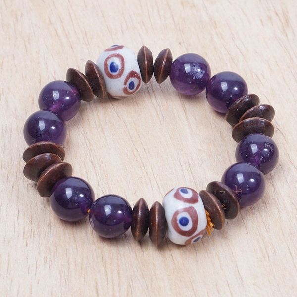 Alternate image for Agate and Recycled Glass Beaded Stretch Bracelet in Purple Purple Mind