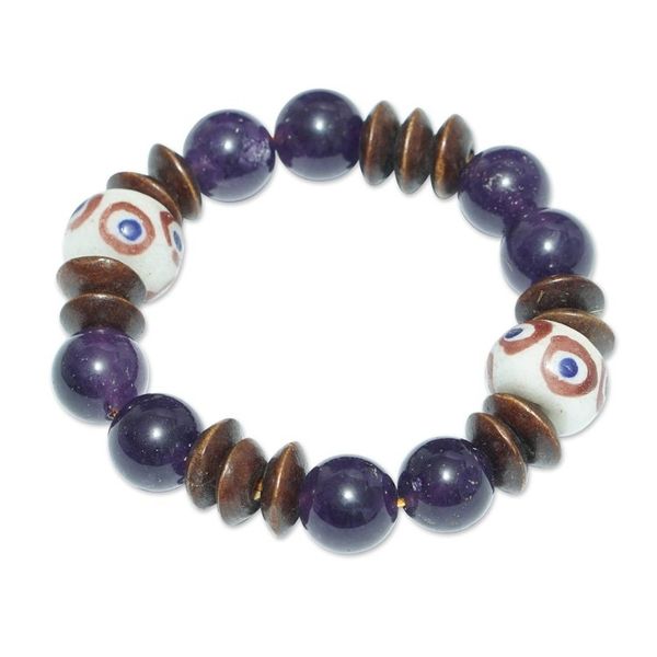 Alternate image for Agate and Recycled Glass Beaded Stretch Bracelet in Purple Purple Mind