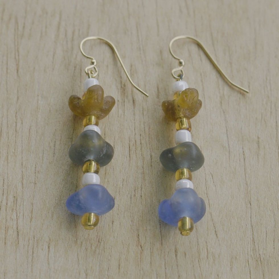Handcrafted Recycled Glass Beaded Dangle Earrings from Ghana 'Magical Feelings'