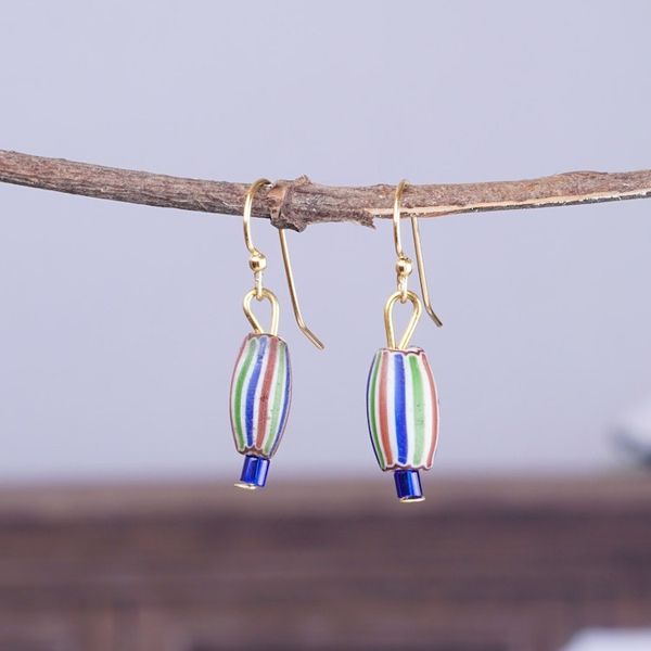 Alternate image for Striped Blue Recycled Glass Beaded Dangle Earrings Stripes of Style