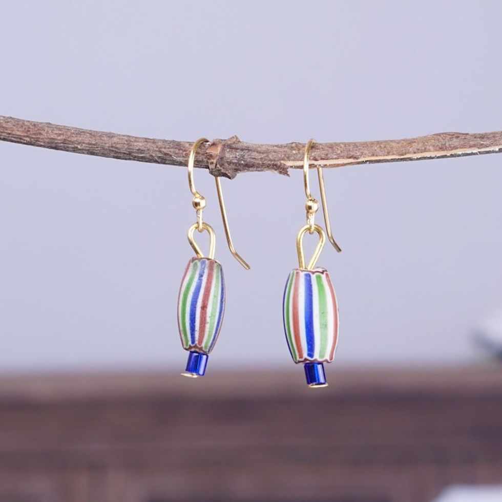 Striped Blue Recycled Glass Beaded Dangle Earrings 'Stripes of Style'