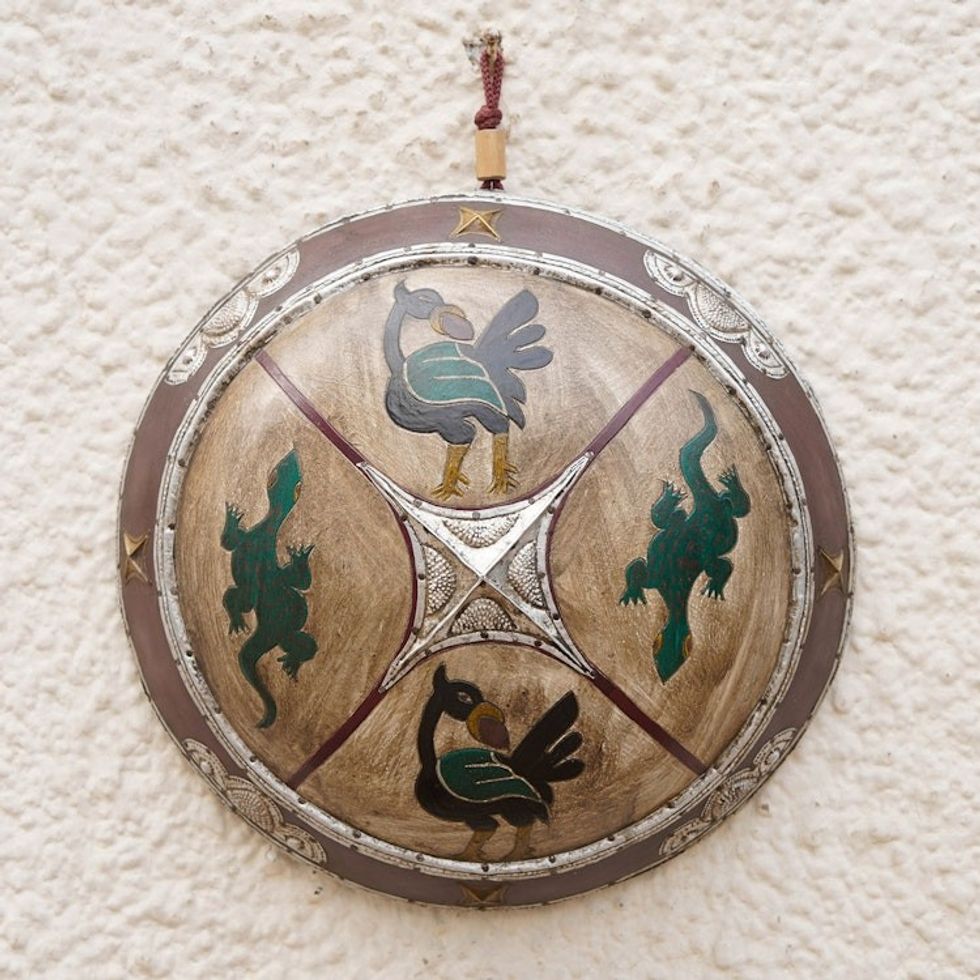 Hand-Painted Wood Wall Art with Embossed Aluminum Brass 'Kumbu II'