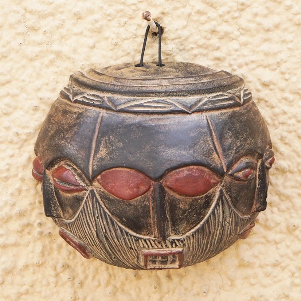 Hand-Painted Traditional Black and Red African Calabash Mask 'Trinity'