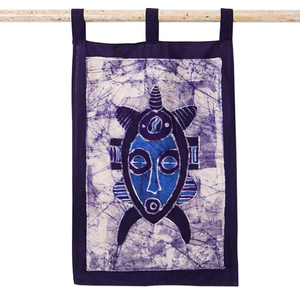 Ghanaian Hand-Painted Cotton Wall Hanging in Blue Hues 'Debidebi'