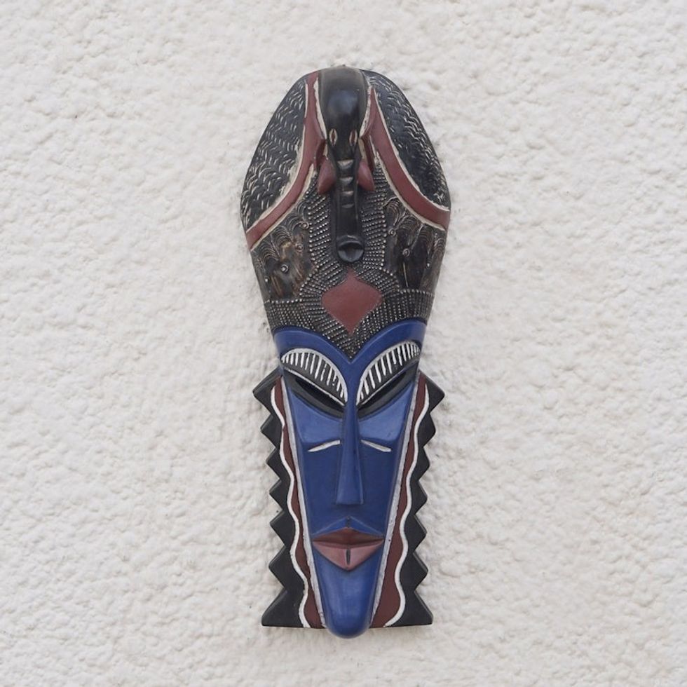 African Sese Wood Mask in Blue Crafted in Ghana 'Cultural Blue'