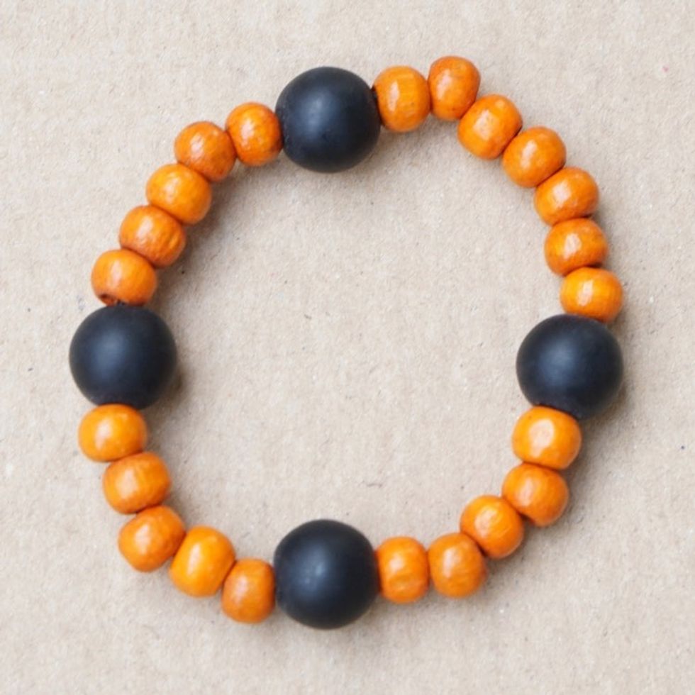 Recycled Glass and Sese Wood Beaded Bracelet in Orange 'Orange Success'
