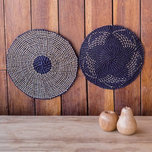 Alternate image for Set of 2 Blue Raffia Wall Accents with Floral Motifs Beautiful Peace