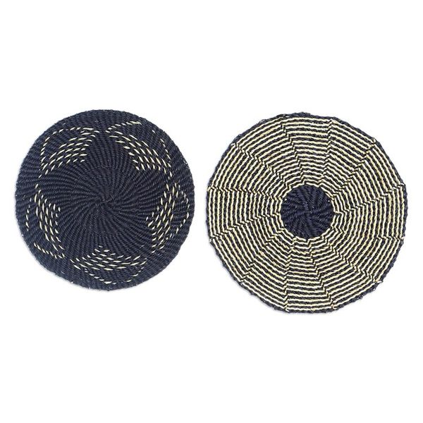 Alternate image for Set of 2 Blue Raffia Wall Accents with Floral Motifs Beautiful Peace