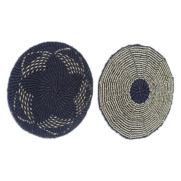 Alternate image for Set of 2 Blue Raffia Wall Accents with Floral Motifs Beautiful Peace