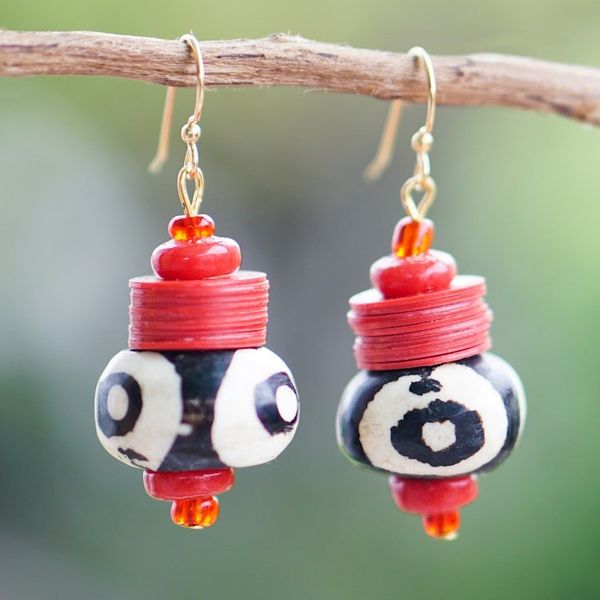 Alternate image for Handmade Recycled Glass Dangle Earrings in Red White Black Yawa