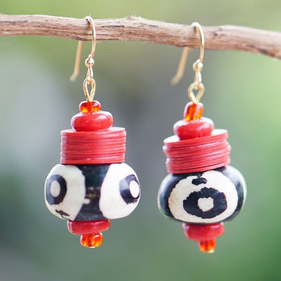 Handmade Recycled Glass Dangle Earrings in Red White Black 'Yawa'