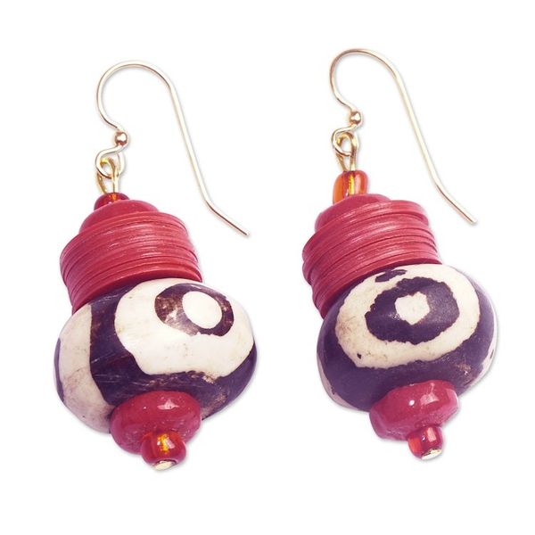 Alternate image for Handmade Recycled Glass Dangle Earrings in Red White Black Yawa