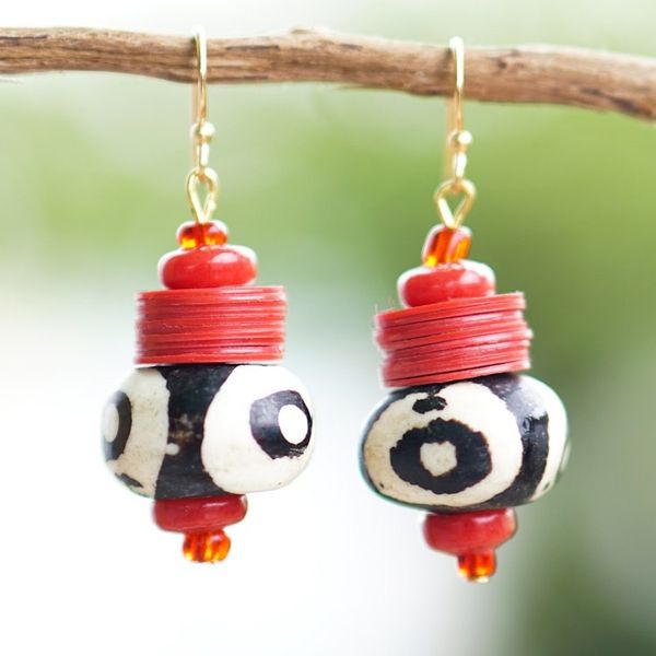 Alternate image for Handmade Recycled Glass Dangle Earrings in Red White Black Yawa