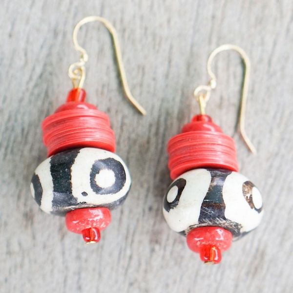 Alternate image for Handmade Recycled Glass Dangle Earrings in Red White Black Yawa
